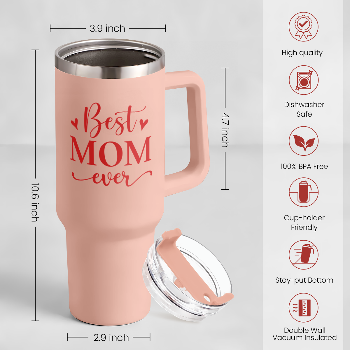 Best Mom Ever Tumbler – 40oz Insulated Travel Mug 💖. ☕ Keeps drinks hot or cold all day – perfect for moms on the go