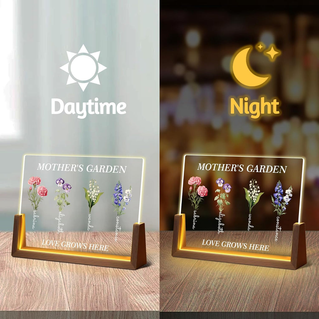 Personalized Mother’s Garden LED Sign – Custom Birth Flower Gift for Mom – Light Up Acrylic Keepsake (Love Grows Here)