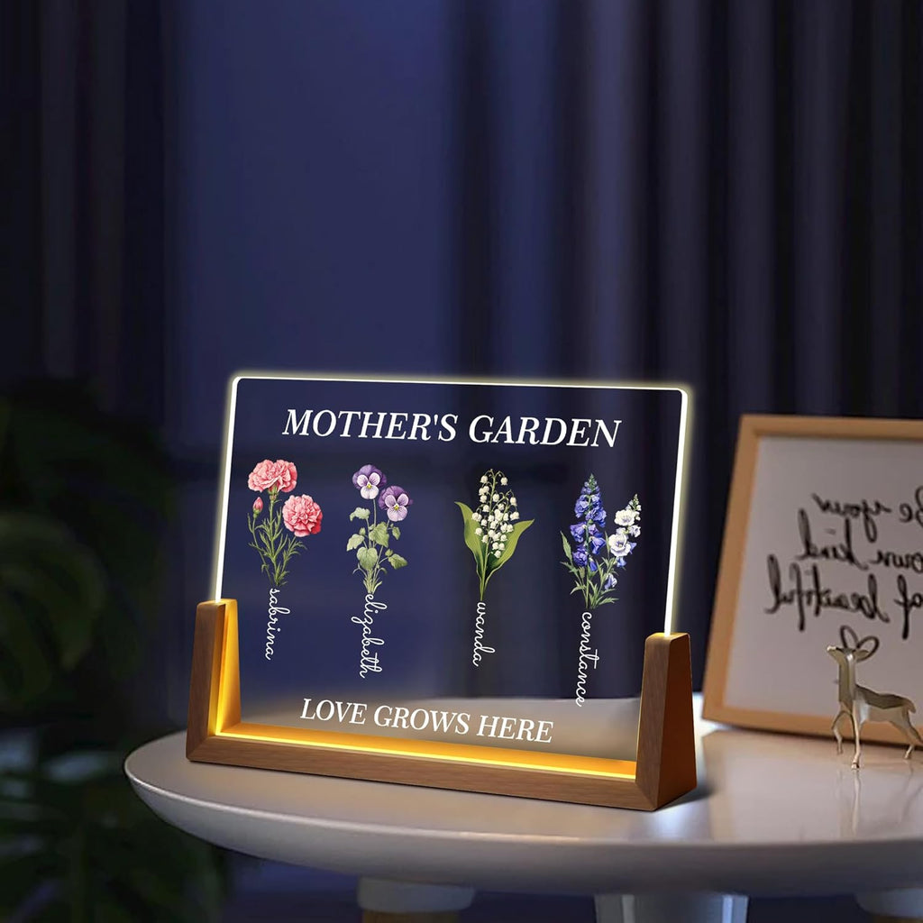 Personalized Mother’s Garden LED Sign – Custom Birth Flower Gift for Mom – Light Up Acrylic Keepsake (Love Grows Here)