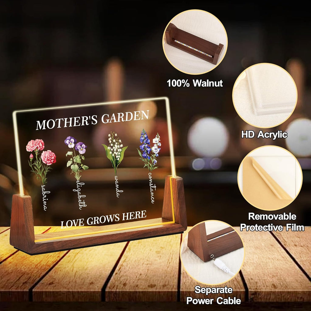 Personalized Mother’s Garden LED Sign – Custom Birth Flower Gift for Mom – Light Up Acrylic Keepsake (Love Grows Here)