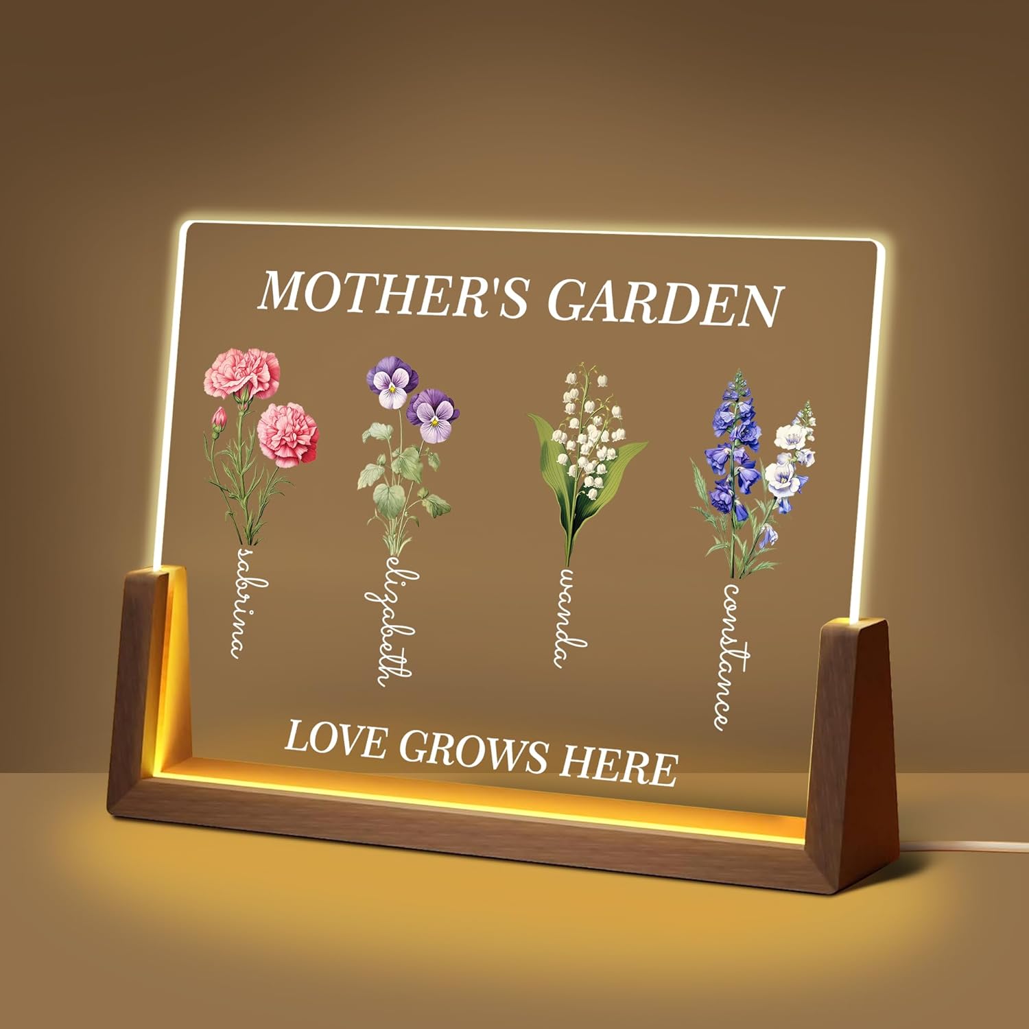 Personalized Mother’s Garden LED Sign – Custom Birth Flower Gift for Mom – Light Up Acrylic Keepsake (Love Grows Here)