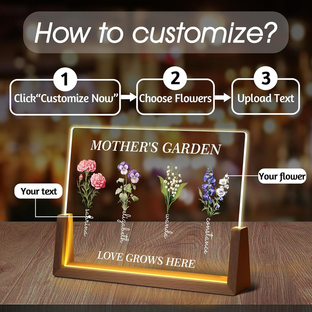 Personalized Mother’s Garden LED Sign – Custom Birth Flower Gift for Mom – Light Up Acrylic Keepsake (Love Grows Here)